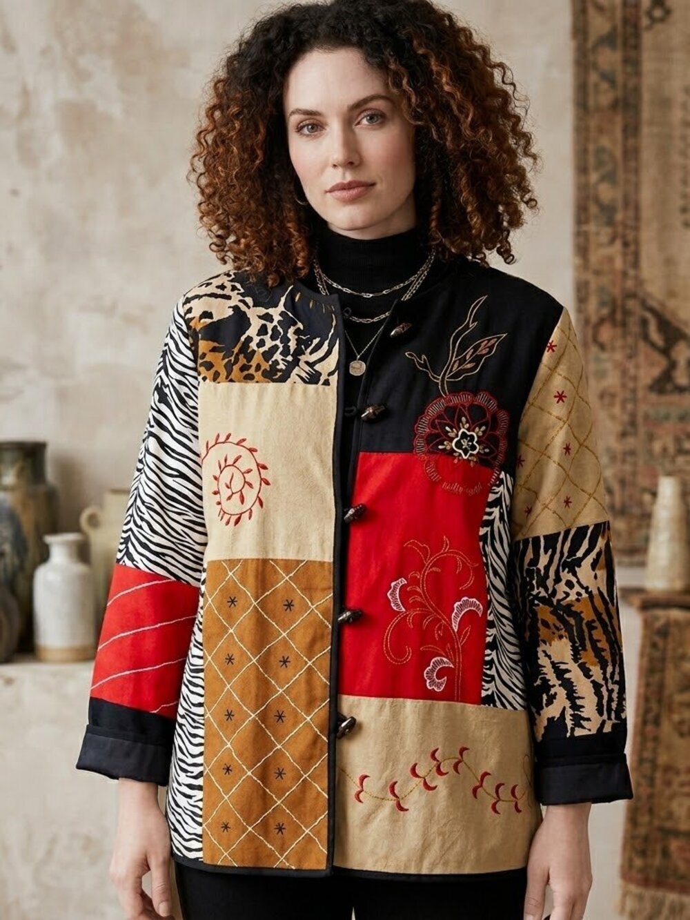 Vintage Alex Kim Patchwork Embroidered Jacket womens L Boho Cottagecore Artsy